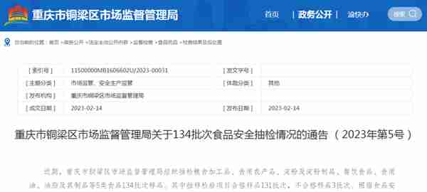重庆市铜梁区市场监管局抽检食品134批次  3批次不合格